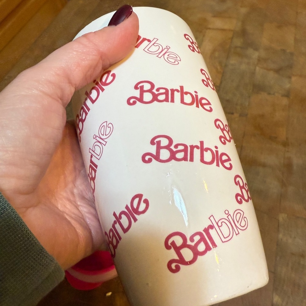Ceramic Barbie Mug with Pink Lid Pink and White Travel Coffee Cup - Picture 13 of 16